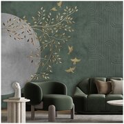 Фотообои флизелиновые с виниловым покрытием VEROL "Золотые листья с птицами", 300х283 см, моющиеся обои на стену, декор для дома