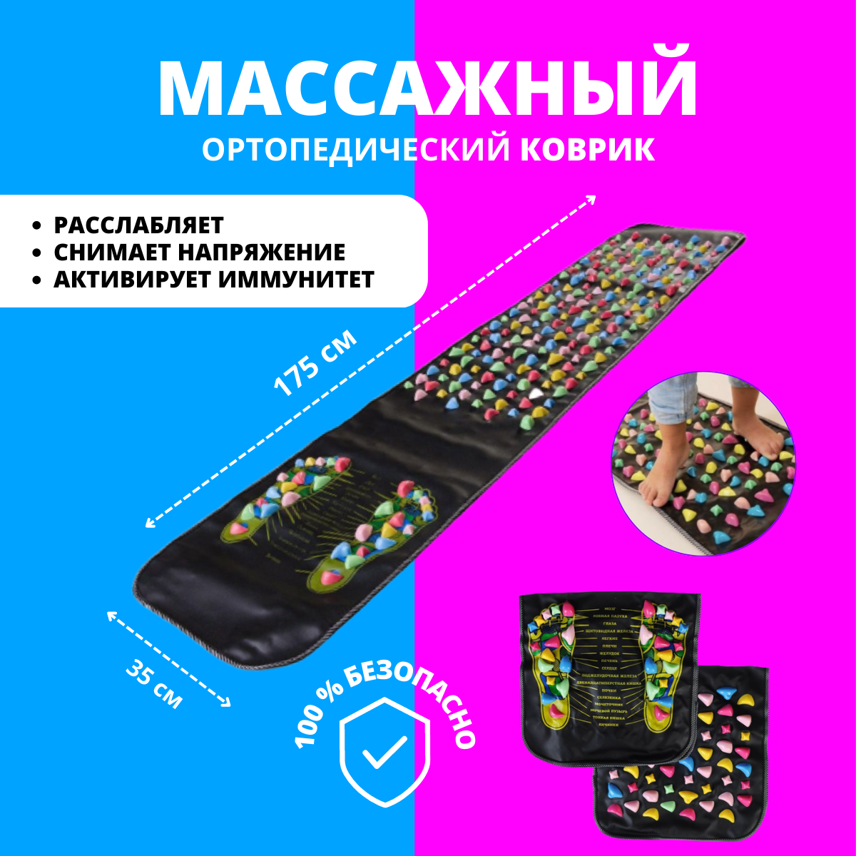 Дорожка массажная с цветными камнями Foot Massage Mat,1.20м