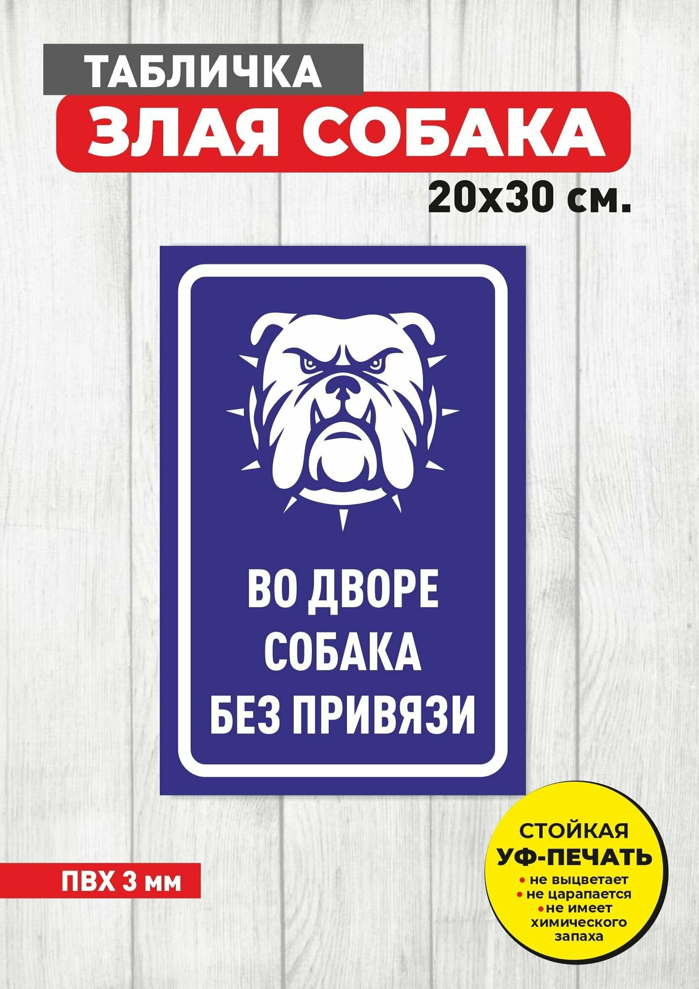 Табличка информационная на ПВХ Осторожно Злая собака, синий цвет, размер 20х30 см