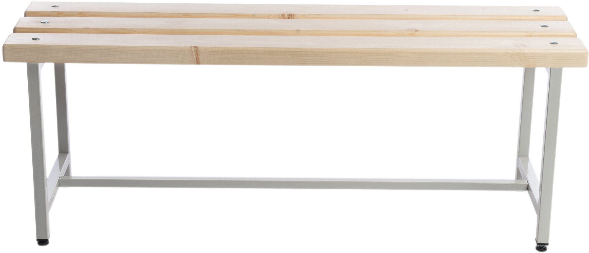 фото Скамья на металлическом каркасе с регулировкой ножек 80х35х44 (ДхШхВ) см, с сиденьем из массива под лаком