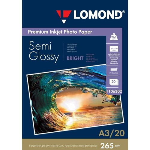 265 г/м, A3, Semi Glossy Bright Premium двухсторонняя фотобумага, 20 листов Lomond 1106302 200 г м a4 semi glossy bright premium фотобумага 20 листов lomond 0102149