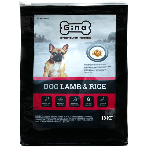 Сухой корм GINA DOG LAMB & RICE для взрослых собак с чувствительным пищеварением с ягненком и рисом, 18 кг