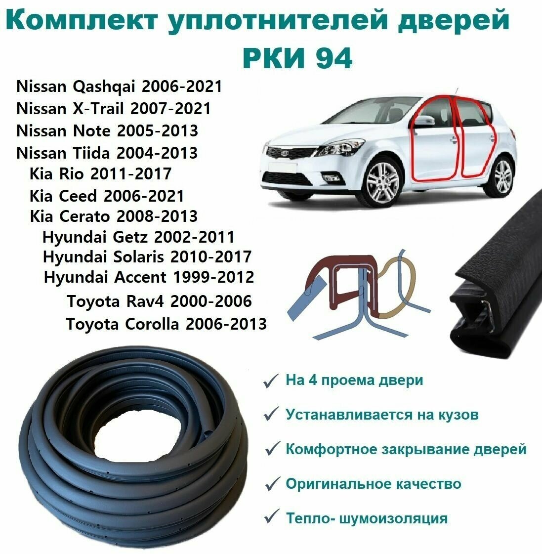 Комплект уплотнителей на проем дверей автомобиля Ниссан, Тойота, Киа, Хендай / Nissan Toyota Kia Hyundai РКИ-94