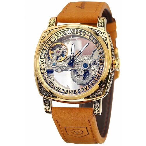 Наручные часы Forsining, золотой часы скелетоны мужские механические водонепроницаемые с кожаным ремешком