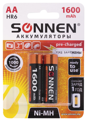 Батарейки аккумуляторные комплект 2 шт., SONNEN, АА (HR6), Ni-Mh, 1600 mAh, в блистере, 454233