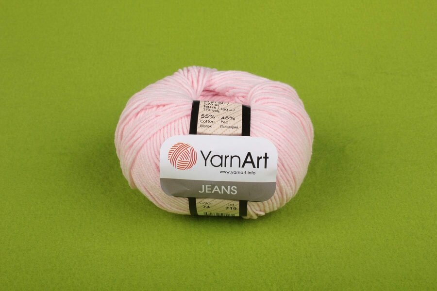 Пряжа YarnArt Jeans- 1 шт, 74 светло-розовый, 160м/50г, 55% хлопок, 45% полиакрил /ЯрнАрт Джинс/