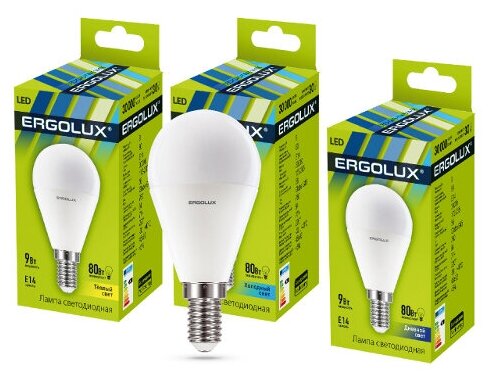 LED лампа шарик 9Вт Е14 3000К(теплый свет) - LED-G45-9W-E14-3K (Ergolux ) (код 13173)