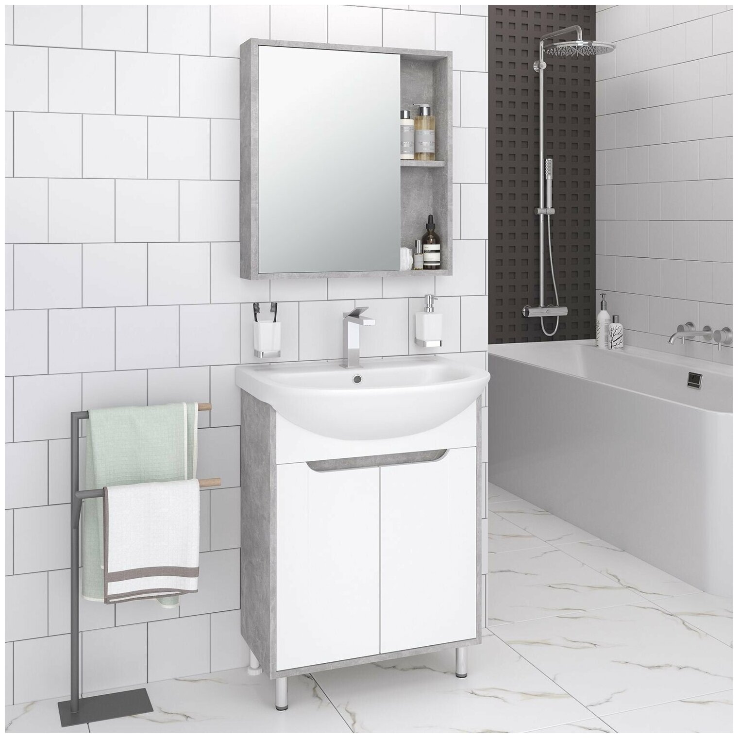 Шкаф в ванную с зеркалом Эко 60, серый бетон, универсальный