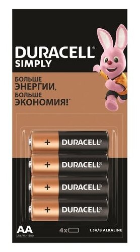 Батарейки комплект 4 шт. (отрывной блок), DURACELL Simply, AA (LR06, 15А), алкалиновые, пальчиковые, 5009139