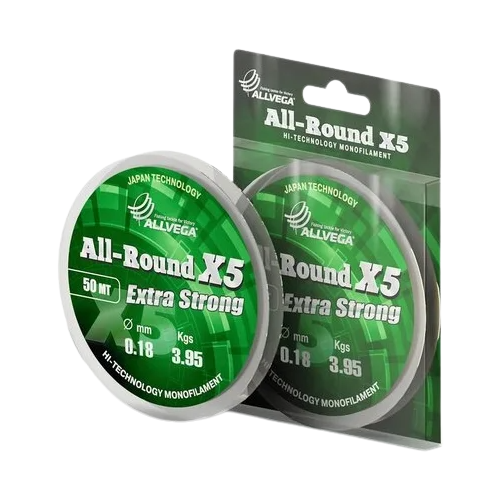 Монофильная леска ALLVEGA ALL-ROUND X5 d=0.18 мм, 50 м, 3.95 кг, прозрачный, 1 шт.