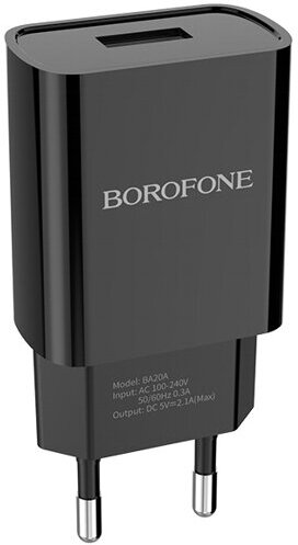 Сетевой адаптер питания Borofone BA20A Sharp Black зарядка 2.1А 1 USB-порт, черный