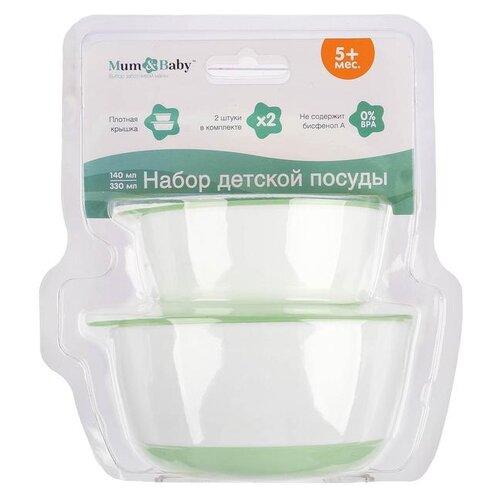 фото Миски детские mum&baby с крышкой, 2 штуки, 140 и 330 мл, цвет бирюзовый (2825376)