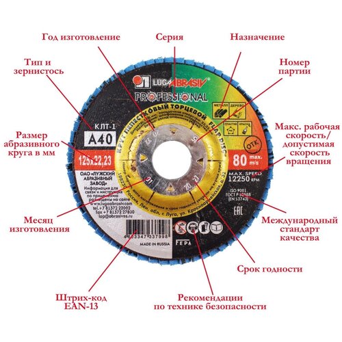 Круг лепестковый торцевой луга d125х22.2мм, Р60, КЛТ1, 10шт/упак. (2315)