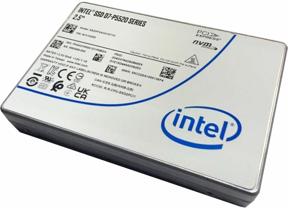 Твердотельный накопитель SSD Intel D7-P5520 Series, 7.68TB, U.2(2.5" 15mm), NVMe, PCIe 4.0 x4, TLC, R/W 7100/4200MB/s, IOPs 1 100 000/220 000,