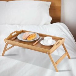 Складной столик поднос деревянный / для завтрака бамбуковый / в кровать с ножками деревянный сервировочный поднос - столик из бамбука