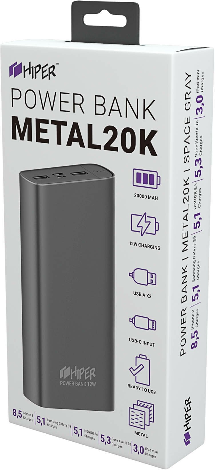 Внешний аккумулятор (Power Bank) HIPER Metal20K, 20000мAч, темно-серый [metal 20k space gray] - фото №3