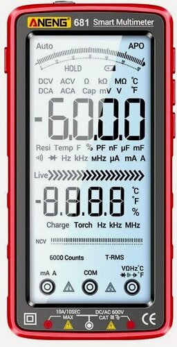 Изображение товара Мультиметр Aneng, 681, перезаряжаемый, с сенсорным экраном, красный