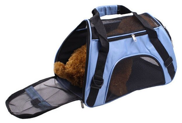 Переноска для животных ZES, сетчатая сумка для переноски кошек и собак мелких и средних пород, размер 53х24.5х33, голубого цвета - фотография № 7