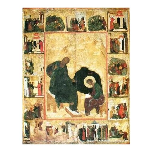 Освященная икона на дереве ручной работы - Апостол Иоанн с житием, 15х20х1,8 см, арт А370 освященная икона иоанн предтеча с житием 24 18 см на дереве