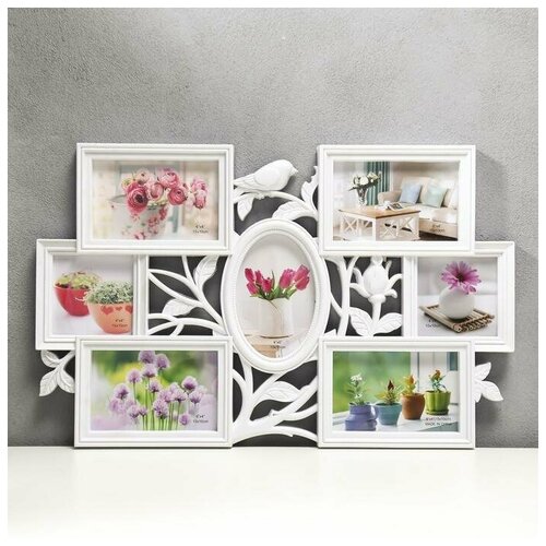 Фоторамка пластик на 7 фото 10х10 10х15 см Птица и шиповник белый 335х52 см 3130₽