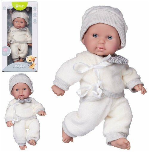 Пупс Junfa Pure Baby в вязаных белых с серой полоской кофточке, штанишках, шапочке, 25см, 1 шт