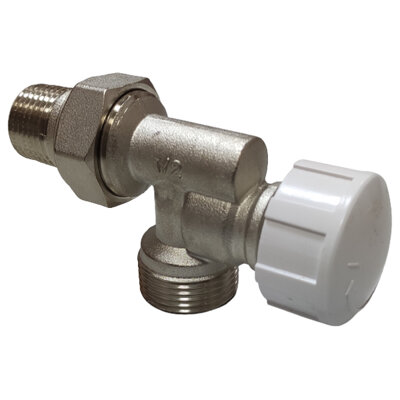 фото Вентиль термостатический НН UNI-FITT угловой-осевой 1/2" х 3/4" ЕК с разъёмным соединением (никелированный) для радиатора