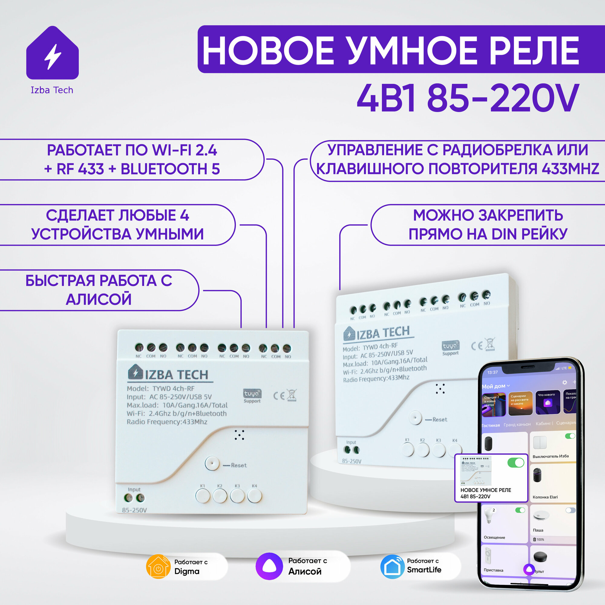 Новое Умное реле с корпусом для Алисы от Tuya 4 в 1 с WIFI + RF + BLE 220 вольт можно подключить повторители в Алису добавляется как 4 умных розетки