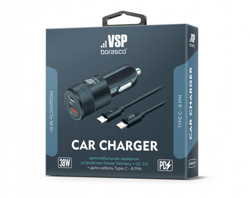 Автомобильное зарядное устройство BoraSCO Power Delivery + QC 3.0, 38W+ дата-кабель Type-C - 8 pin, черное - фото №3