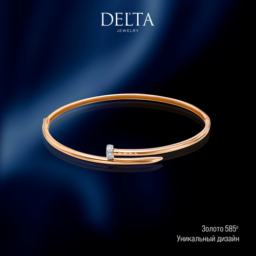 Жесткий браслет Del'ta jewelry factory, красное золото, 585 проба, родирование, фианит, длина 19.5 см., серебристый, белый, желтый, золотистый