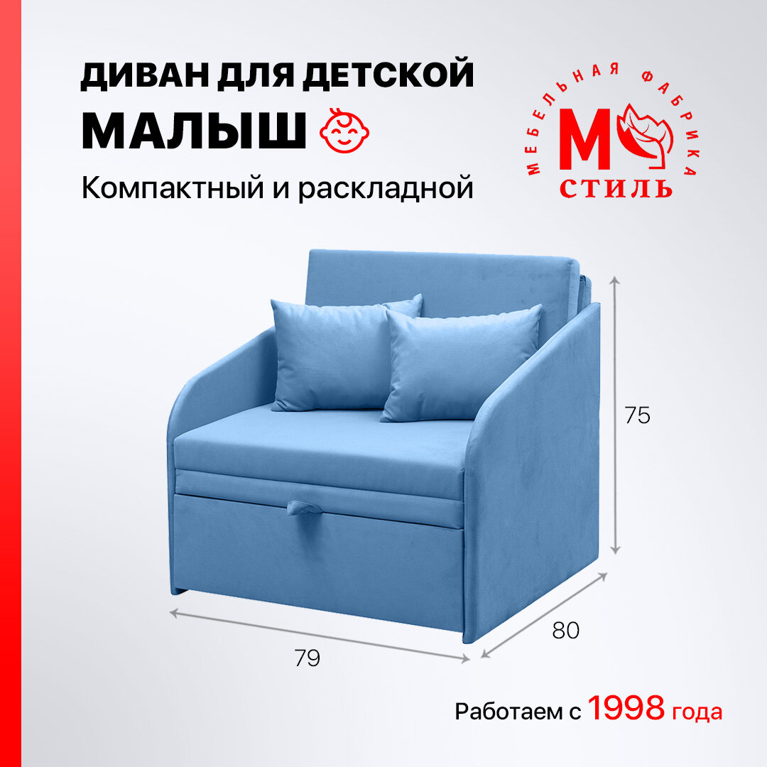 Детский диван М-Стиль "Малыш", выкатная конструкция, голубой, 180 x 75 х 75 см — фото 1