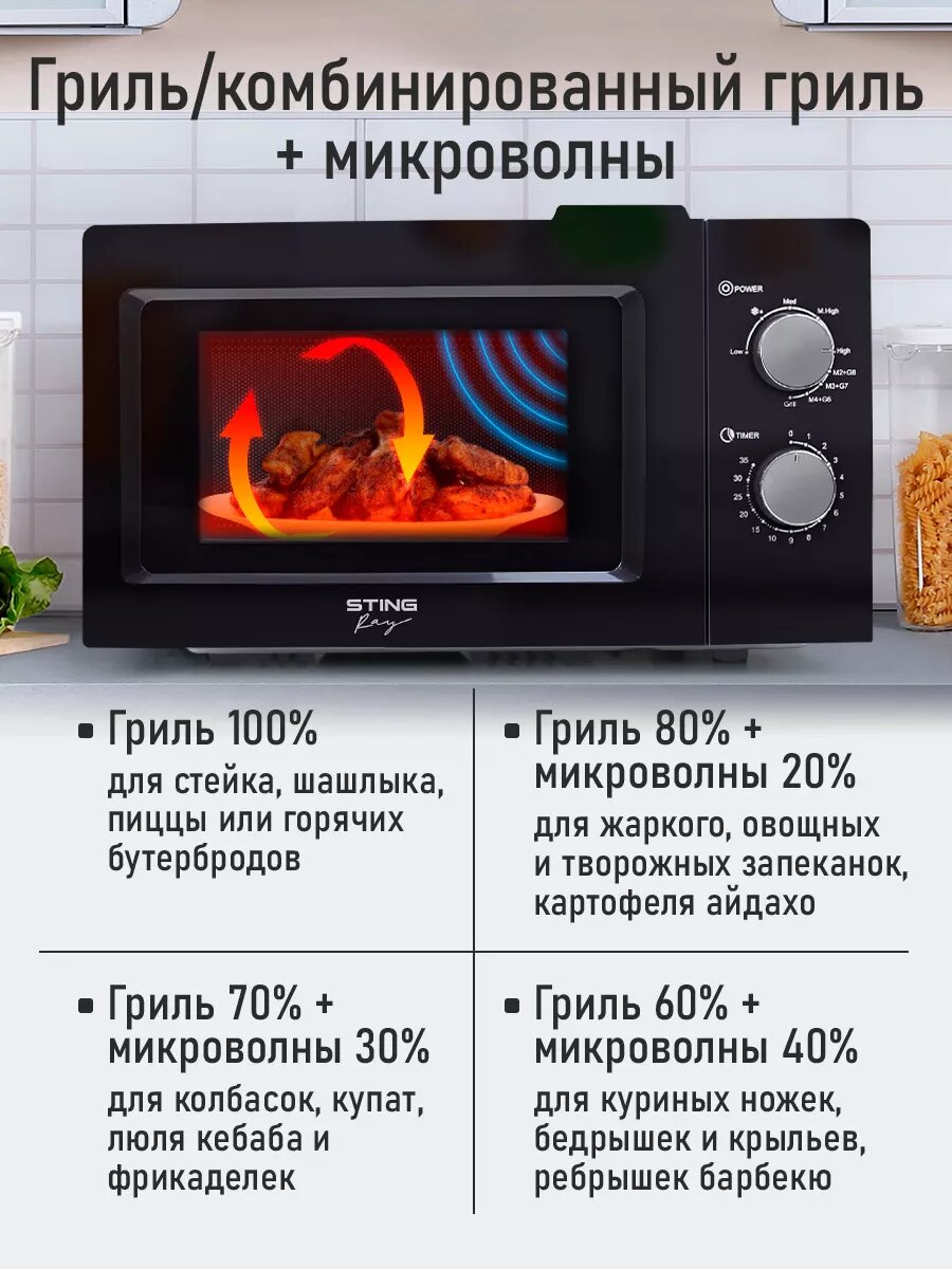Микроволновка микроволновая печь СВЧ STINGRAY ST-MW154B гриль черный/хром 23л, 2500Вт — фото 1