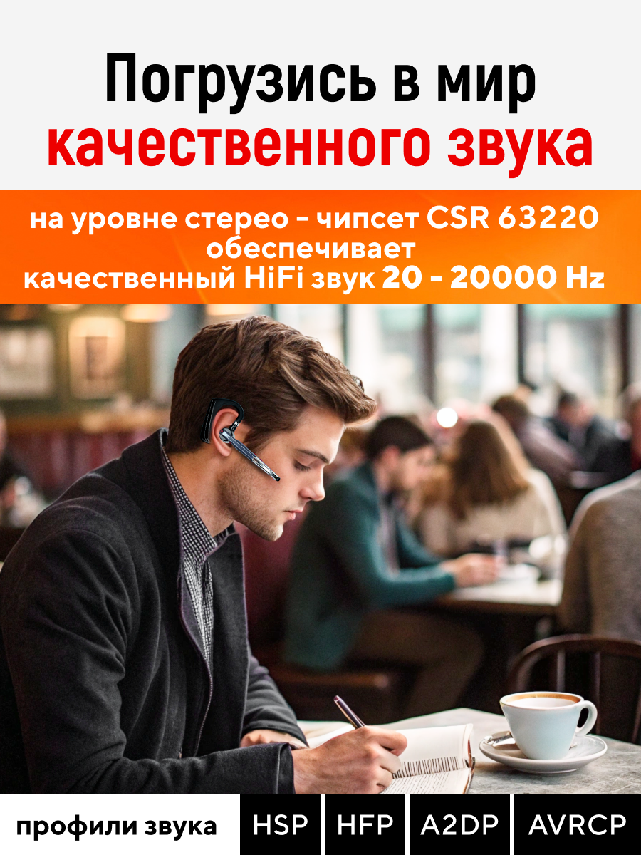 Гарнитура наушник беспроводная TAYMLUX B3 PRO Бизнес-класса, шумоподавление CVC8 Bluetooth 5.0 14 часов разговора черная — фото 1