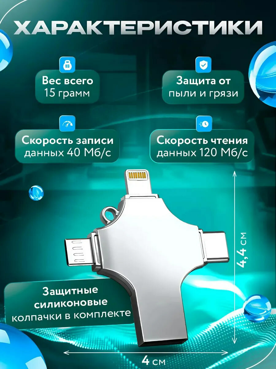4 в 1 USB флешка – для iPhone, Android, Type-C и Micro-USB высокая скорость — фото 1