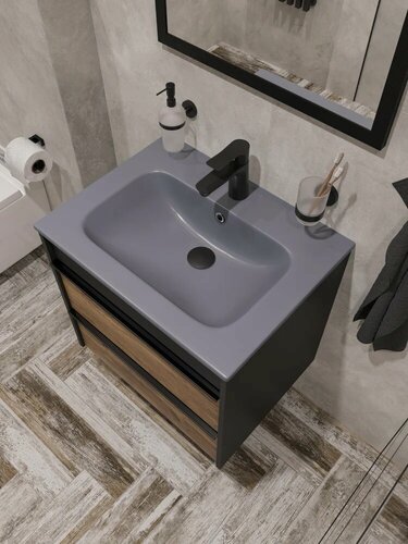 Изображение товара Раковина для ванной STWORKI Гриндстед 43061-112-KL 61 см, прямоугольная, фаянсовая, раковина накладная, антрацит