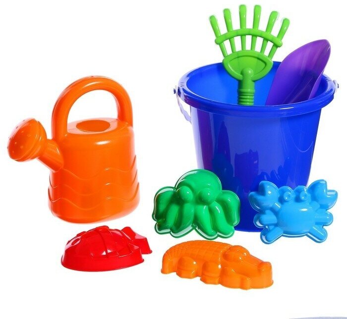Алекс Тойз Набор игрушек для песочницы  8 предметов  ведро  совок  грабли  4 формочки  лейка