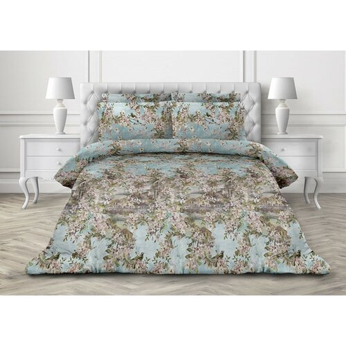 2 спальное постельное белье поплин голубое с цветами