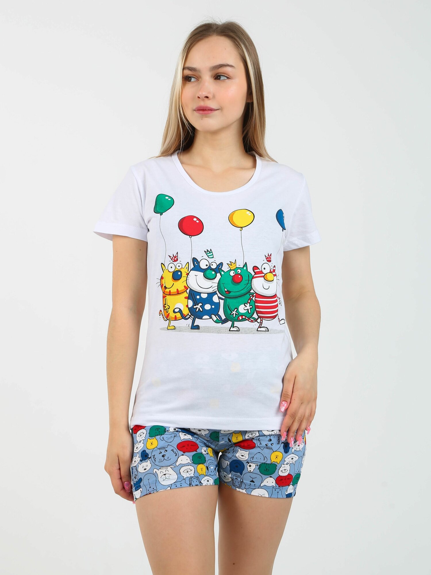 пижама женская Коты с цветными шариками 46р - фотография № 9