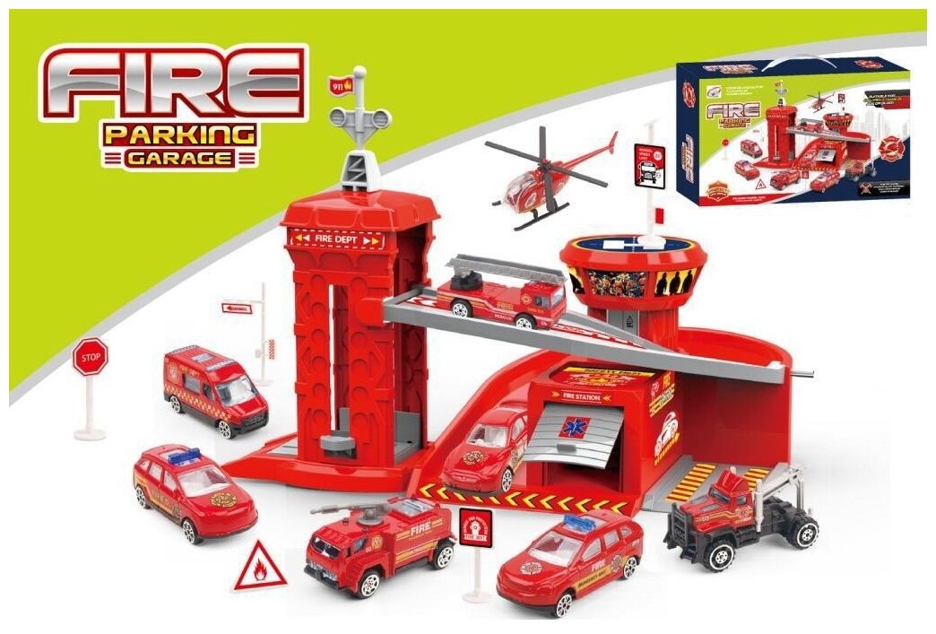Парковка-трек Junfa "Пожарная станция", с набором машинок, лифтом, аксессуарами (TH8523)