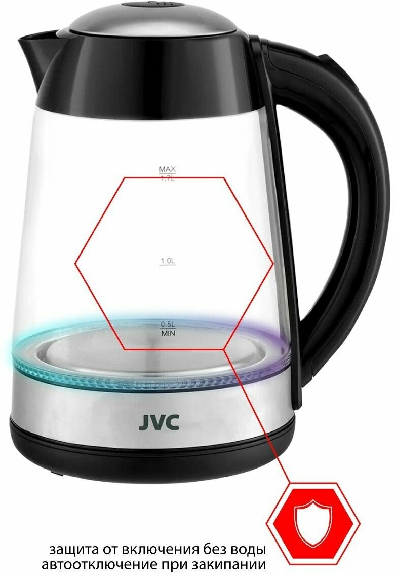 Чайник электрический JVC 1,7 л, стеклянный, с LED подсветкой, 2200 Вт