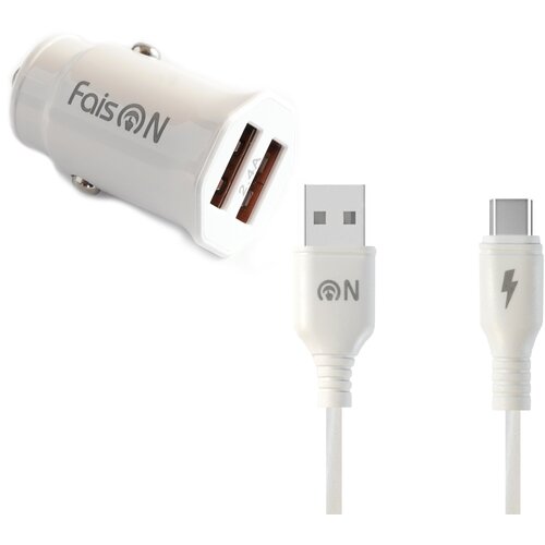 Автомобильная зарядка 2xUSB FaisON A-20, EDGE, 2.4A, кабель Type-C, 1.0 м, белый