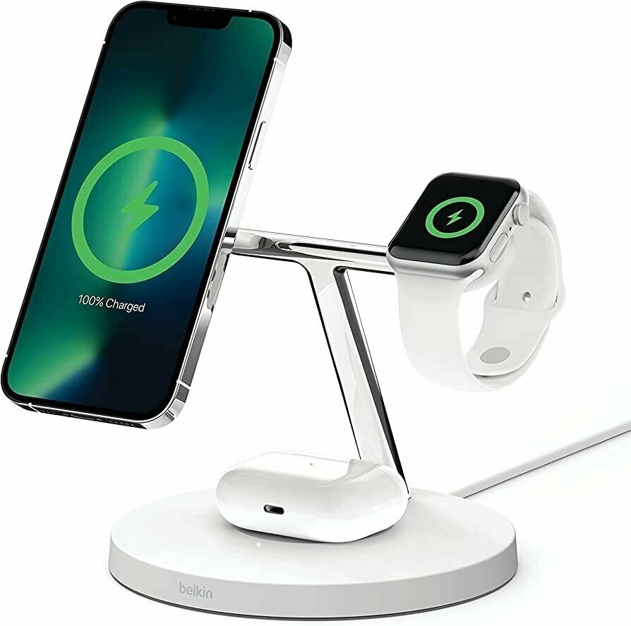 Беспроводная зарядная станция Belkin BoostCharge Pro 3-в-1 с официальной поддержкой MagSafe 15W, белый