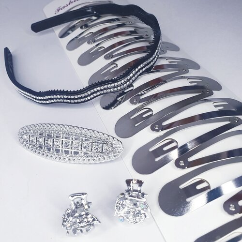 Ободок двухрядный со стразами+ подарки/автомат металлический со стразами/краб маленький со стразами /тик-так серебристый ( 20 штук )