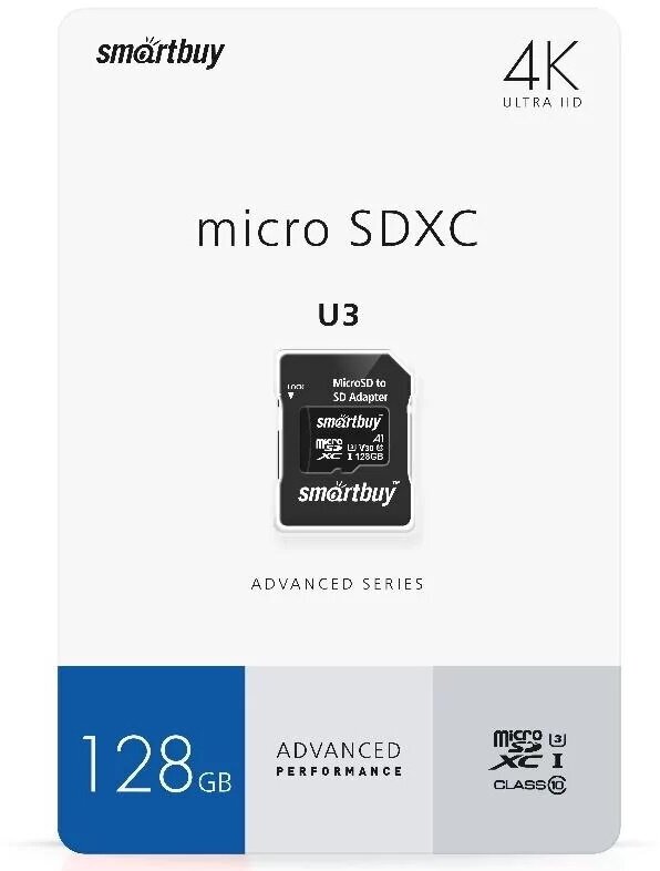 Smart Buy micro SDXC 128GB Class10 U3 V30 A1 Advanced R/W:90/55 MB/s (с адаптером SD)