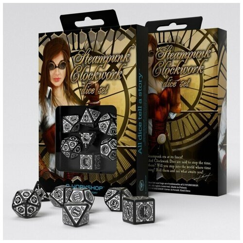 Набор кубиков для настольных ролевых игр (Dungeons and Dragons, DnD, D&D, Pathfinder) - Steampunk Clockwork Black & white Dice Set