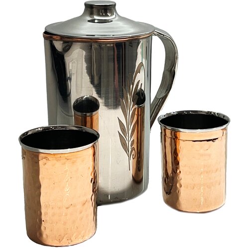 Кувшин медный с крышкой и два стакана