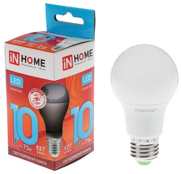 INhome Лампа светодиодная IN HOME LED-A60-VC, Е27, 10 Вт, 230 В, 4000 К, 950 Лм
