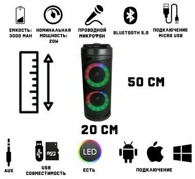 Портативная колонка (ZQS-6212) Bluetooth/USB/MicroSD/FM/ (черная) с пультом ДУ и микрофоном