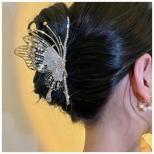 Заколка краб для волос 781 металлическая бабочка стразы