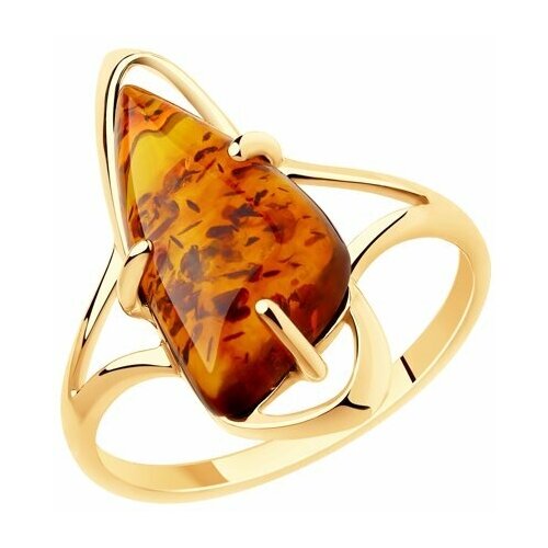 фото Кольцо, золото, 585 проба, янтарь, размер 18.5, оранжевый diamant-online