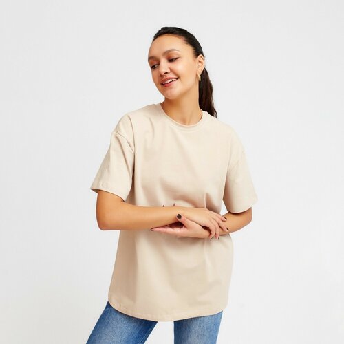фото Футболка minaku, оверсайз, хлопок, однотонная, размер 42, бежевый